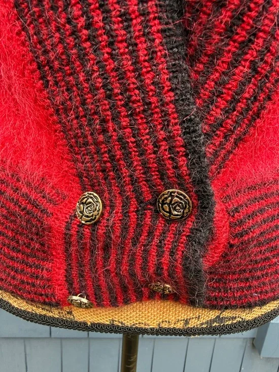 Vintage Red Fuzzy Cardigan with Black Trim Dar Genie Mohair blend med - Picture 2 of 7